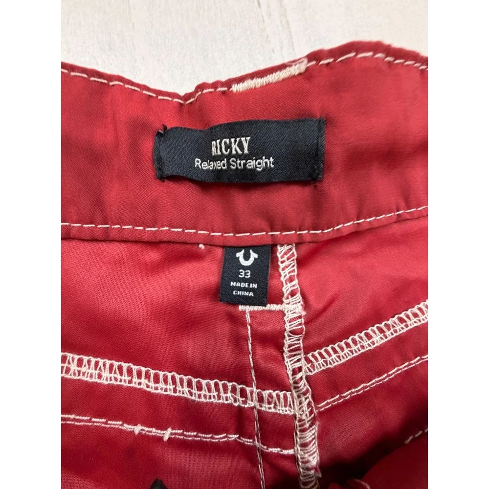 True Religion Ricky Relaxed Straight Red Shorts White Contrast Stitch Mens 33